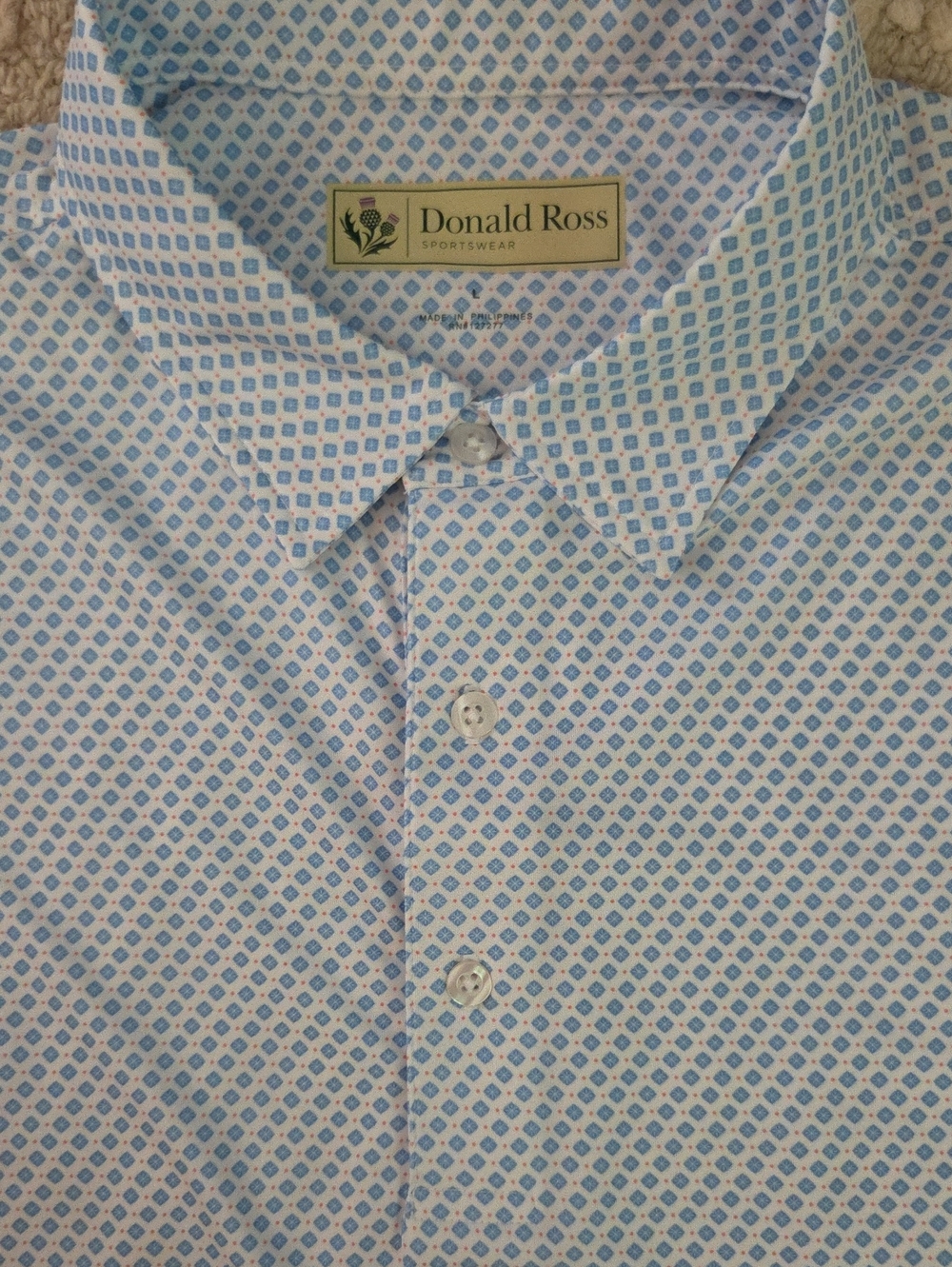 Donald Ross Blue Diamond Pattern Performance Golf Polo Shirt Men's Large